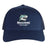 The NC Rugby Academy - Megalodons Retro Trucker Cap by EMB S&S Activewear is a navy blue trucker cap with an embroidered shark logo and "Megalodons Inc Rugby Academy" text on the front, plus an adjustable snapback closure.