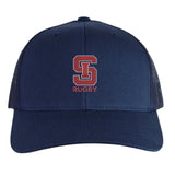 The St. Ignatius Rugby Retro Trucker Cap by EMB S&S Activewear features a navy design with a red embroidered "S" and "RUGBY" on the front, plus an adjustable snapback closure for convenience.