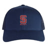 The St. Ignatius Rugby Retro Trucker Cap by EMB S&S Activewear features a navy design with a red embroidered "S" and "RUGBY" on the front, plus an adjustable snapback closure for convenience.