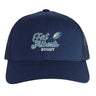 The Gulf Coast Fat Alberts Retro Trucker Cap by EMB S&S Activewear is a navy blue trucker hat with mesh back, embroidered "Fat Alberts Rugby" and rugby ball on the front, and an adjustable snapback closure.