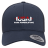 The USA Para Powerlifting Retro Trucker Cap by EMB S&S Activewear features “USA Para Powerlifting” and a barbell print in white and red on navy blue, with a retro style and adjustable snapback closure for a perfect fit.
