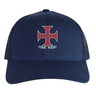 The SF CDME Rugby Retro Trucker Cap by EMB S&S Activewear is a navy blue hat with an embroidered red cross emblem and "CDME RUGBY" printed below on the front panel. It features a classic snapback closure for adjustable fit.