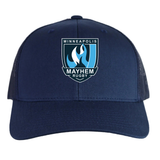 Introducing the Minneapolis Mayhem Rugby Retro Trucker Cap by EMB S&S Activewear—a navy blue cap showcasing the team’s embroidered logo on the front panel and finished with a classic snapback closure.