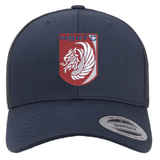 The Montgomery Bucks Griffins Retro Trucker Cap by EMB S&S Activewear is a navy hat with a mesh back, snapback closure, and a red and white MBRFC lion logo patch embroidered on the front.