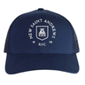 Introducing the New Saint Andrews College Retro Trucker Cap by EMB S&S Activewear. This navy blue cap features a classic mesh back and showcases an embroidered white New Saint Andrews RFC logo with “1994” printed on the front panel. The adjustable snapback closure ensures a comfortable fit.
