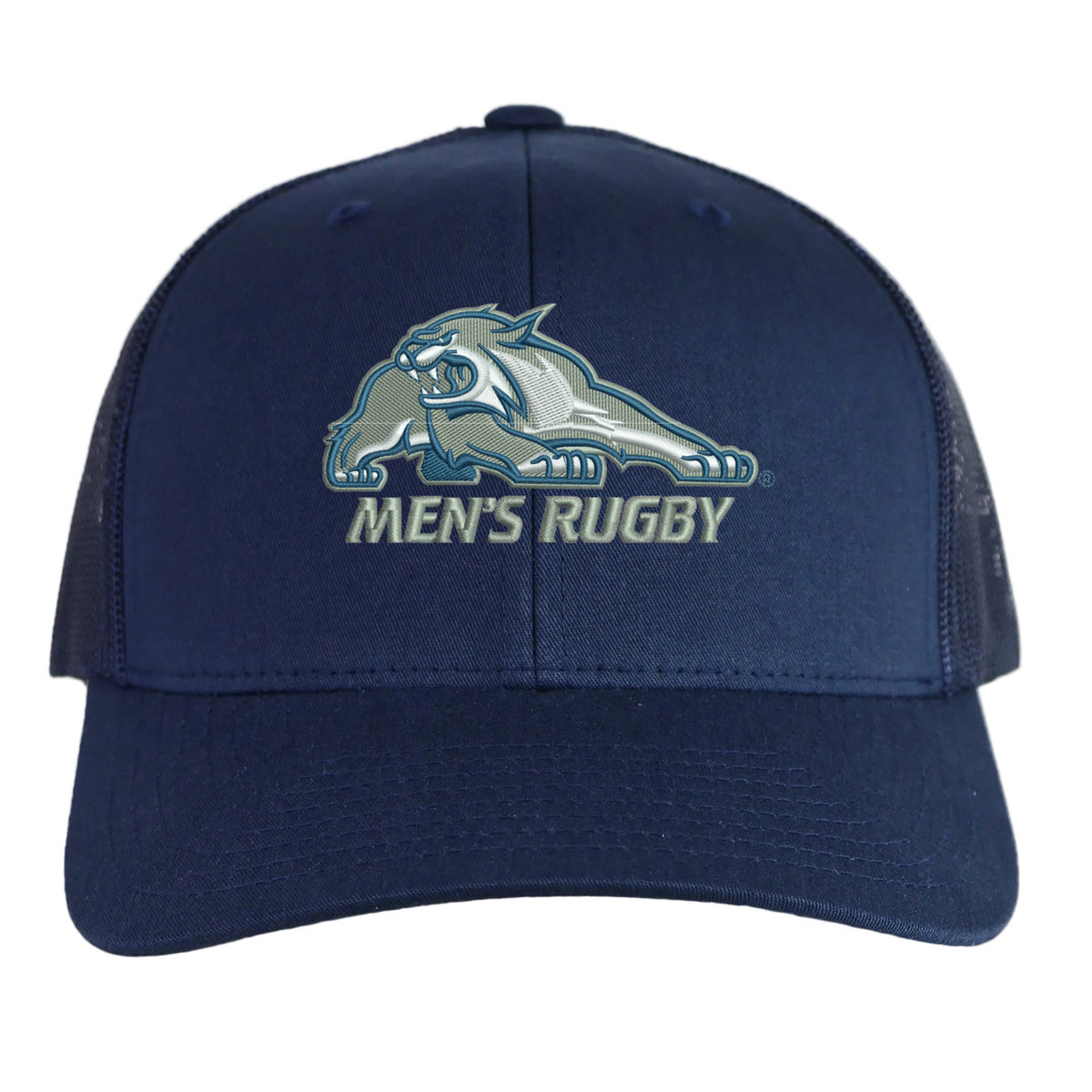 University of New Hampshire Retro Trucker Cap in navy blue featuring an embroidered wildcat logo above “MEN’S RUGBY” text and a snapback closure.