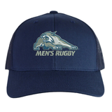 University of New Hampshire Retro Trucker Cap in navy blue featuring an embroidered wildcat logo above “MEN’S RUGBY” text and a snapback closure.