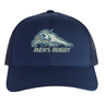 University of New Hampshire Retro Trucker Cap in navy blue featuring an embroidered wildcat logo above “MEN’S RUGBY” text and a snapback closure.