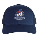 SUNY Maritime Men’s Rugby Retro Trucker Cap in navy blue, featuring an embroidered white and maroon “M” logo with an anchor and “MARITIME RUGBY” text on the front.