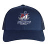 SUNY Maritime Men’s Rugby Retro Trucker Cap in navy blue, featuring an embroidered white and maroon “M” logo with an anchor and “MARITIME RUGBY” text on the front.