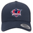 The Nebraska Rugby Referee Society Retro Trucker Cap by EMB S&S Activewear features a navy blue design with a referee silhouette logo embroidered on the front and a classic snapback closure.