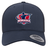 The Nebraska Rugby Referee Society Retro Trucker Cap by EMB S&S Activewear features a navy blue design with a referee silhouette logo embroidered on the front and a classic snapback closure.