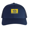 Navy blue Berkeley RFC Retro Trucker Cap with a rectangular patch featuring a bear, a spear, and the embroidered text “BERKELEY RFC est. 2004.”