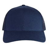 The S&S Activewear Retro Trucker Cap is shown front-facing against a white background. It features a navy blue solid front, mesh back, and an adjustable snapback closure for the perfect fit.