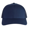 The S&S Activewear Retro Trucker Cap is shown front-facing against a white background. It features a navy blue solid front, mesh back, and an adjustable snapback closure for the perfect fit.