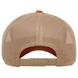 A beige S&S Activewear Retro Trucker Cap is displayed from the rear, highlighting its adjustable snapback closure and mesh-back design.