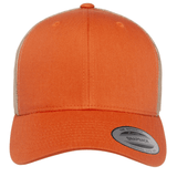 Front view of the S&S Activewear Retro Trucker Cap with an orange front, beige mesh back, a "Snapback" sticker on the brim, and a classic snapback closure for adjustable fit.