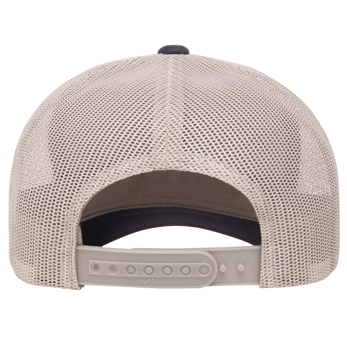Back view of the S&S Activewear Retro Trucker Cap in beige, showcasing breathable mesh and an adjustable snapback closure for a classic fit.