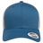 The S&S Activewear Retro Trucker Cap is blue and white with embroidery, a mesh back, snapback closure, and a brim sticker reading "The Authentic Snapback.