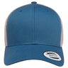 The S&S Activewear Retro Trucker Cap is blue and white with embroidery, a mesh back, snapback closure, and a brim sticker reading "The Authentic Snapback.