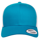 The S&S Activewear Retro Trucker Cap features a turquoise and white design, mesh back, snapback closure, and a "Snapback" sticker on the brim, shown from the front.