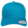 The S&S Activewear Retro Trucker Cap features a turquoise and white design, mesh back, snapback closure, and a "Snapback" sticker on the brim, shown from the front.