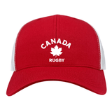 Show your support in classic Canadian style with the Nations of Rugby Canada Rugby Retro Trucker Cap by EMB S&S Activewear—a red and white polyester cotton cap featuring "CANADA RUGBY" and a maple leaf on the front.