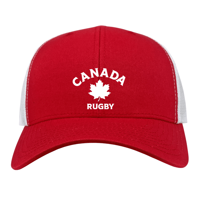Show your support in classic Canadian style with the Nations of Rugby Canada Rugby Retro Trucker Cap by EMB S&S Activewear—a red and white polyester cotton cap featuring "CANADA RUGBY" and a maple leaf on the front.