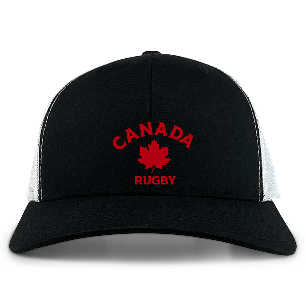 The EMB S&S Activewear Nations of Rugby Canada Rugby Retro Trucker Cap is a black and white cap with "Canada Rugby" and a red maple leaf on the front, made from a comfy polyester-cotton blend.