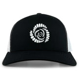 The Missoula All-Maggots Retro Trucker Cap by EMB S&S Activewear is a black and white trucker cap with an embroidered spiral seashell design in white on the front panel, featuring an adjustable snapback closure for a comfortable fit.