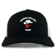 The Ventura Outlaws Rugby Retro Trucker Cap by EMB S&S Activewear is a black and white cap featuring "Ventura Outlaws Rugby" with a cowboy hat and red bandana logo, plus an adjustable snapback closure.
