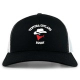 The Ventura Outlaws Rugby Retro Trucker Cap by EMB S&S Activewear is a black and white cap featuring "Ventura Outlaws Rugby" with a cowboy hat and red bandana logo, plus an adjustable snapback closure.