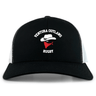 The Ventura Outlaws Rugby Retro Trucker Cap by EMB S&S Activewear is a black and white cap featuring "Ventura Outlaws Rugby" with a cowboy hat and red bandana logo, plus an adjustable snapback closure.