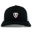 The Loudoun Retro Trucker Cap by EMB S&S Activewear is a black and white cap with an eagle and rugby ball logo on the front, detailed embroidery, and a snapback closure.