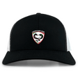 The Loudoun Retro Trucker Cap by EMB S&S Activewear is a black and white cap with an eagle and rugby ball logo on the front, detailed embroidery, and a snapback closure.