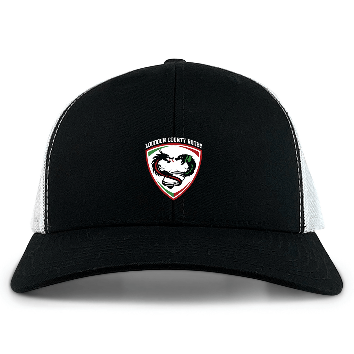 The Loudoun Retro Trucker Cap by EMB S&S Activewear is a black and white cap with an eagle and rugby ball logo on the front, detailed embroidery, and a snapback closure.