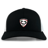 The Loudoun Retro Trucker Cap by EMB S&S Activewear is a black and white cap with an eagle and rugby ball logo on the front, detailed embroidery, and a snapback closure.