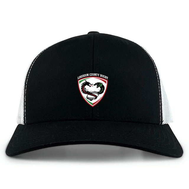 The Loudoun Retro Trucker Cap by EMB S&S Activewear is a black and white cap with an eagle and rugby ball logo on the front, detailed embroidery, and a snapback closure.