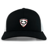 The Loudoun Retro Trucker Cap by EMB S&S Activewear is a black and white cap with an eagle and rugby ball logo on the front, detailed embroidery, and a snapback closure.