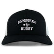 The EMB S&S Activewear Birmingham Rugby Text Logo Retro Trucker is a black and white hat featuring “Birmingham Rugby” text and a small anvil logo embroidered on the front. This cap offers a classic snapback closure for an adjustable fit.