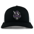 The Cypress Warriors Men's Rugby Retro Trucker Cap by EMB S&S Activewear features a black and white design, 2024 team logo with embroidered warrior graphic, and an adjustable snapback closure for a classic fit.