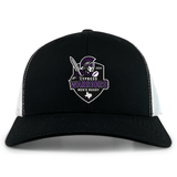 The Cypress Warriors Men's Rugby Retro Trucker Cap by EMB S&S Activewear features a black and white design, 2024 team logo with embroidered warrior graphic, and an adjustable snapback closure for a classic fit.