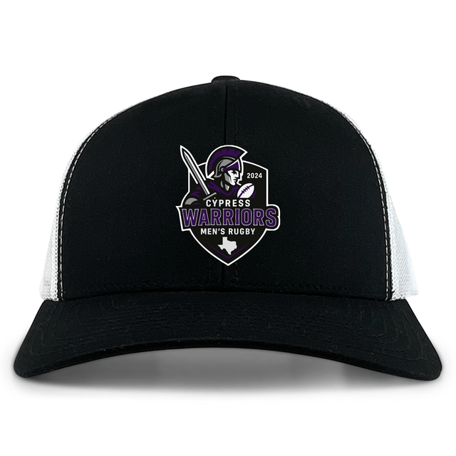 The Cypress Warriors Men's Rugby Retro Trucker Cap by EMB S&S Activewear features a black and white design, 2024 team logo with embroidered warrior graphic, and an adjustable snapback closure for a classic fit.
