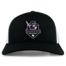 The Cypress Warriors Men's Rugby Retro Trucker Cap by EMB S&S Activewear features a black and white design, 2024 team logo with embroidered warrior graphic, and an adjustable snapback closure for a classic fit.