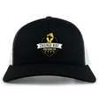 The Chicago Riot Retro Trucker Cap by EMB S&S Activewear is a black and white trucker hat with a yellow and white embroidered "Chicago Riot Rugby Football Club" design, raised fist, four stars, and an adjustable snapback closure.