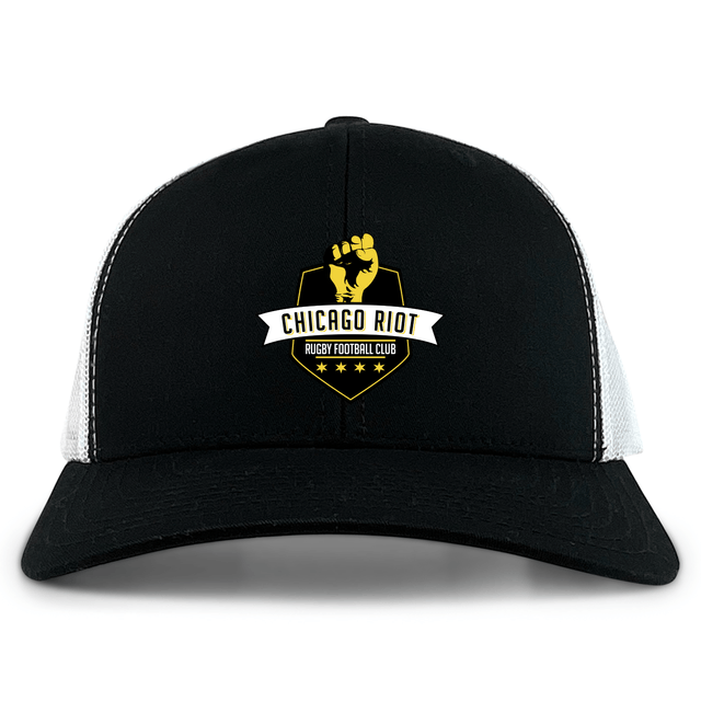 The Chicago Riot Retro Trucker Cap by EMB S&S Activewear is a black and white trucker hat with a yellow and white embroidered "Chicago Riot Rugby Football Club" design, raised fist, four stars, and an adjustable snapback closure.