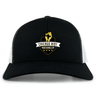 The Chicago Riot Retro Trucker Cap by EMB S&S Activewear is a black and white trucker hat with a yellow and white embroidered "Chicago Riot Rugby Football Club" design, raised fist, four stars, and an adjustable snapback closure.