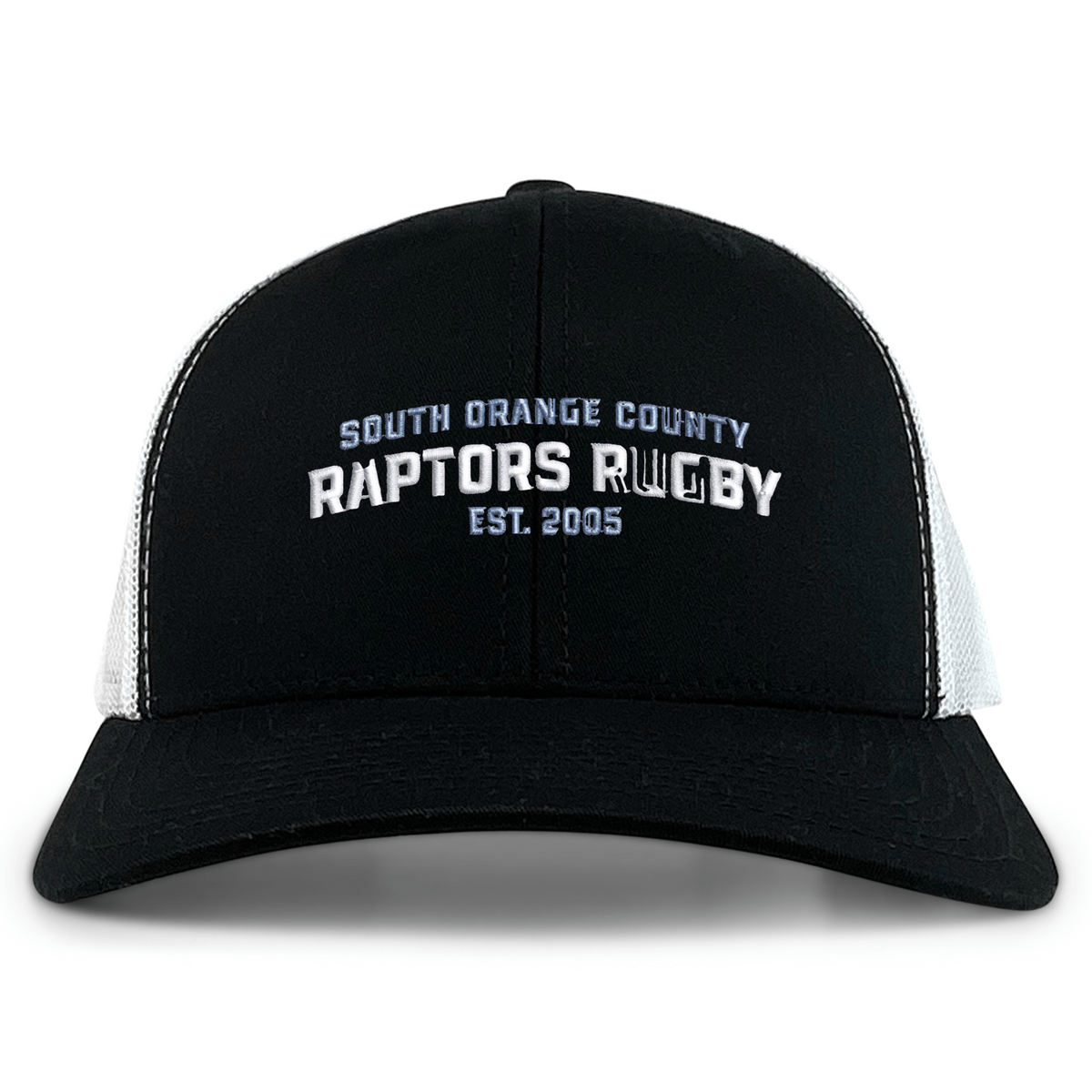 The South Orange County Raptors Retro Trucker Cap by EMB S&S Activewear features a black and white design with “South Orange County Raptors Rugby Est. 2005” embroidered in white on the front, and includes a classic snapback closure for an adjustable fit.