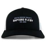 The South Orange County Raptors Retro Trucker Cap by EMB S&S Activewear features a black and white design with “South Orange County Raptors Rugby Est. 2005” embroidered in white on the front, and includes a classic snapback closure for an adjustable fit.