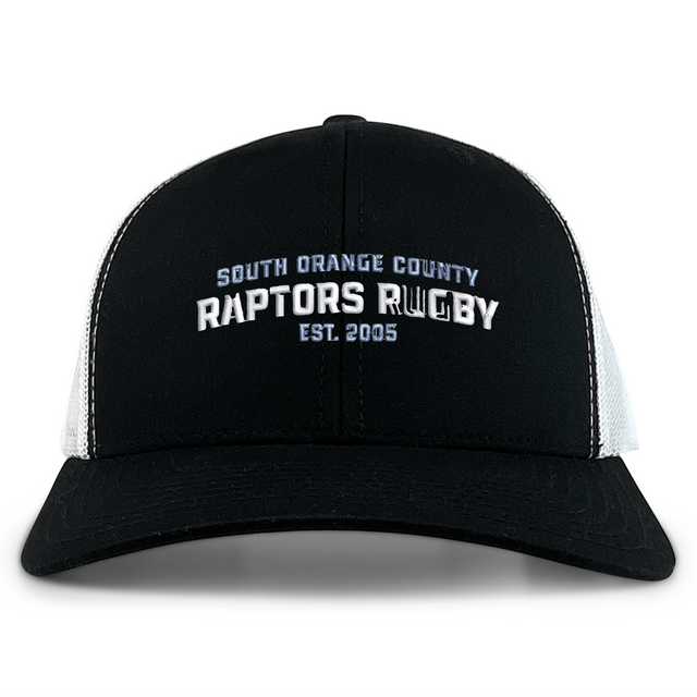 The South Orange County Raptors Retro Trucker Cap by EMB S&S Activewear features a black and white design with “South Orange County Raptors Rugby Est. 2005” embroidered in white on the front, and includes a classic snapback closure for an adjustable fit.